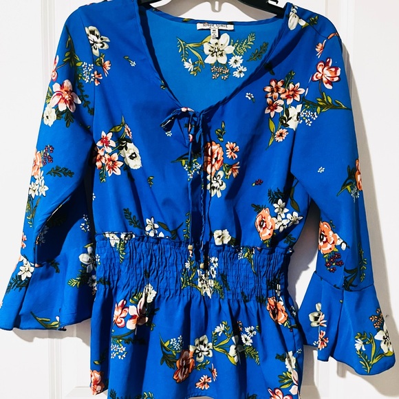 Speed Limit Mph Tops - Floral Blue Blouse with Smocked Waist